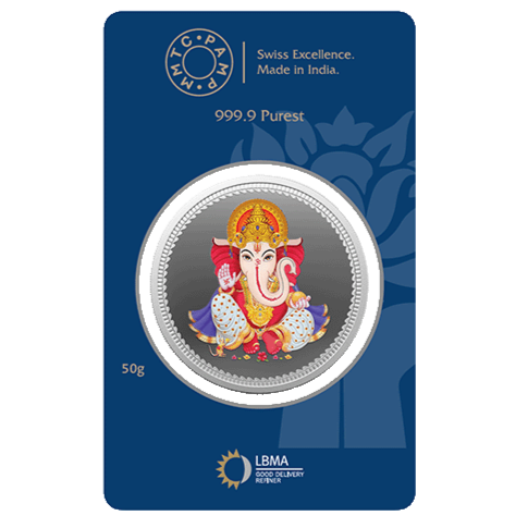 Silver coin with Ganesh design on a blue card with certification logos