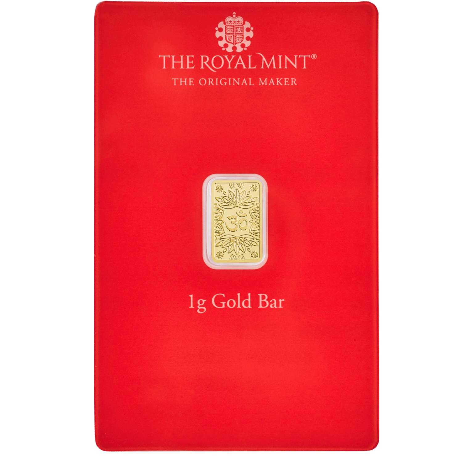 Red packaging of a 1g gold bar with 'The Royal Mint' branding on a white background.