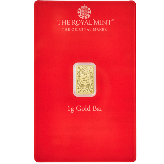 Red packaging of a 1g gold bar with 'The Royal Mint' branding on a white background.
