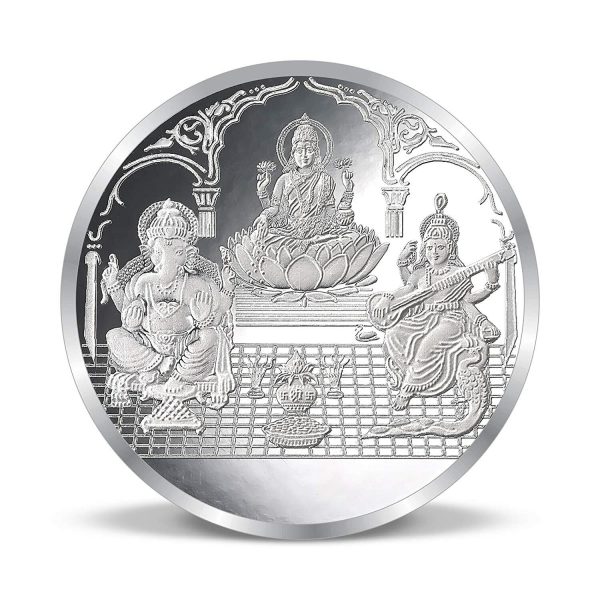 Silver Diwali Coin with Ganesh Lakshmi and Saraswati